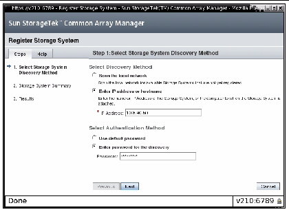 Screen capture showing the first step of the Register Storage System wizard.