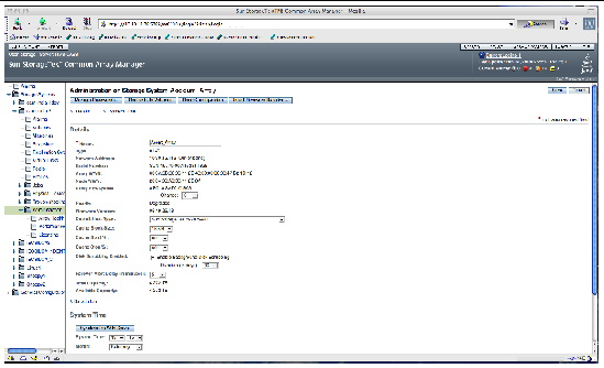 The Administration page for that array includes array name and contact information.