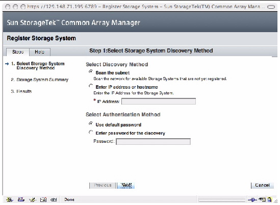 The Register Storage System wizard is displayed to select the storage system discovery method you want to use.