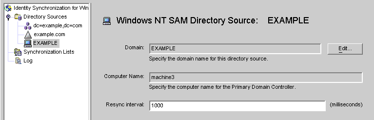 「Windows NT SAM ディレクトリソース」パネルでは、ドメイン名の編集または再同期間隔の変更を行います。