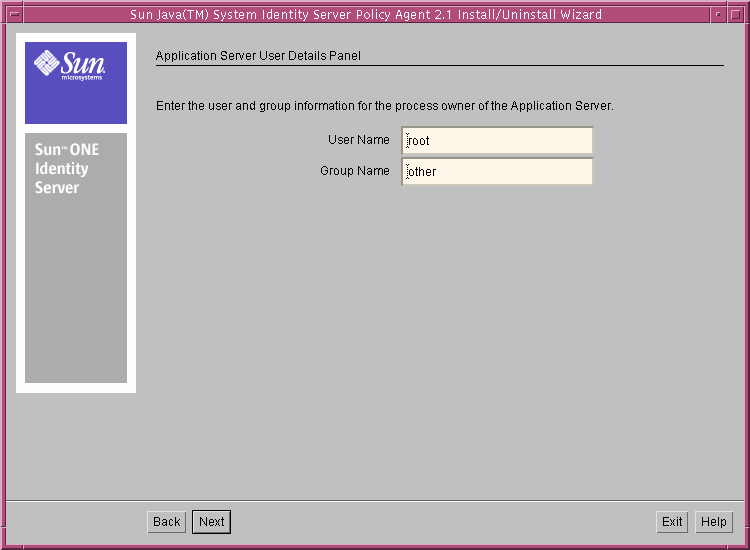 Application Server User Details screen