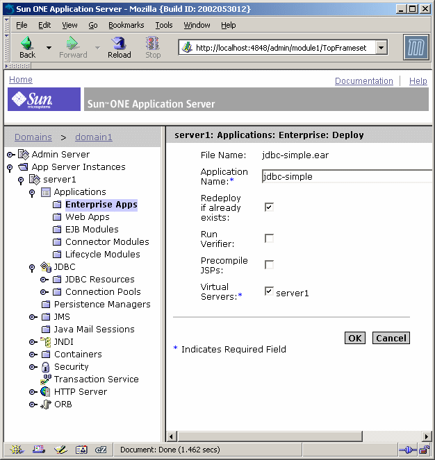 This screen shot shows the application server Administration interface in a web browser with the Deploy Enterprise App pane highlighted.