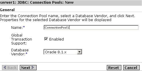 Figure shows the window in the Administration Interface in which a new JDBC Connection Pool can be created.