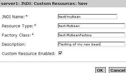 Figure shows configurable settings for the JNDI Custom Resources page. 