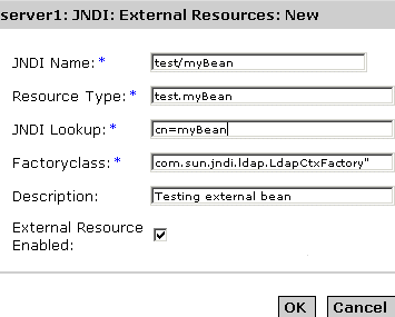 Figure shows the configurable JNDI External Resources options. 