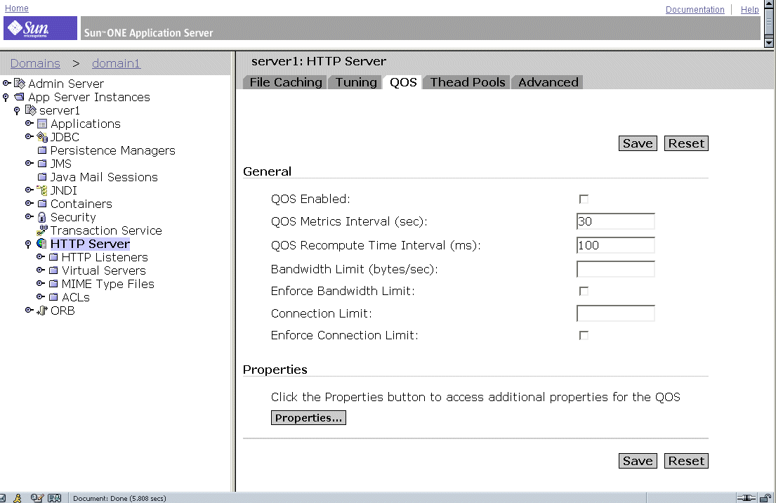 Figure shows the Quality of Service (QOS) tab within the HTTP Server instance. 