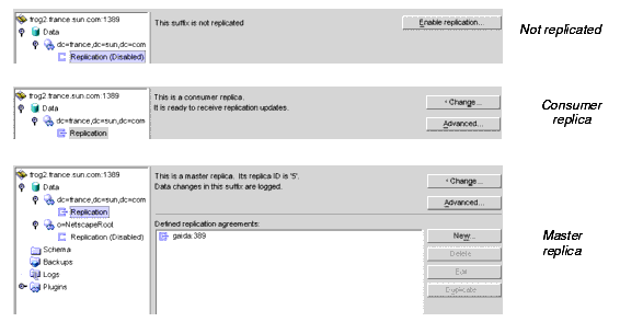 Replication Nodes in Directory Server Console with their associated replication enabled and replication disabled icons