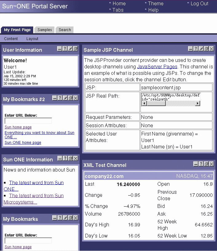 This figure is a screen shot of a sample Desktop. The sample has three tabs. The channels on the My Front Page tab are visible.