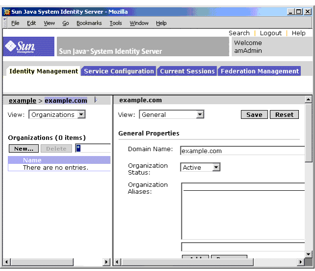 Screen capture; the left pane title bar displays the organization name as described in text.