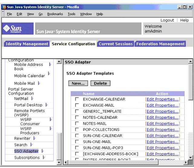 Screen capture; In left pane, SSO Adapter is selected. In right pane, list of SSO Adapters is displayed, as described in text.
