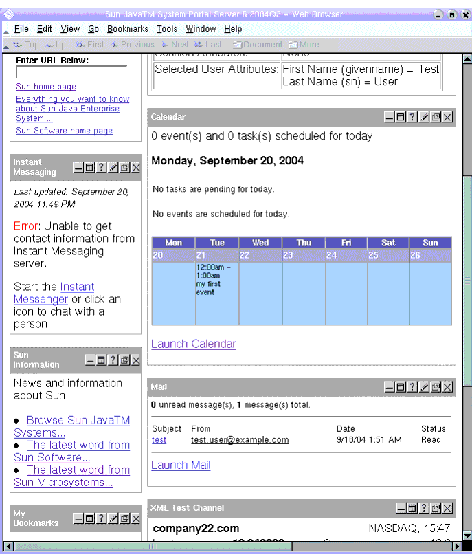 Screen capture; portal desktop; scrolled down to display calendar and mail channels, which display summary information as described in text.
