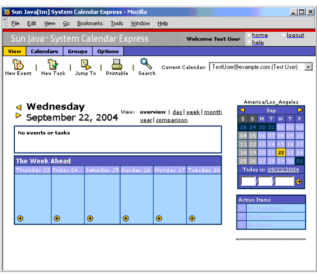 Screen capture; Calendar Express main window's initial display. There are no events or tasks.