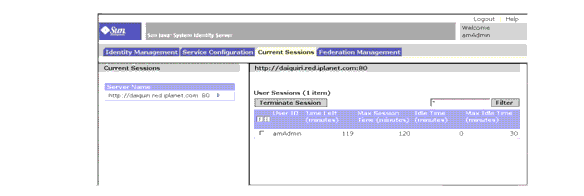 Identity Server Console - Current Sessions module interface.