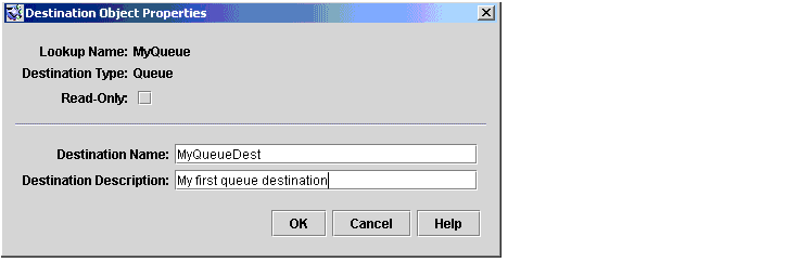 Destination Object Properties dialog. Buttons from left to right: OK, Cancel, Help.