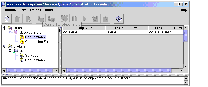 Message Queue Administration Console window. Destinations selected in tree view. Destination objects displayed in contents pane.