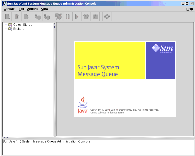 Startup screen for Sun Java System Message Queue. Treeview in left pane; contents in right pane.