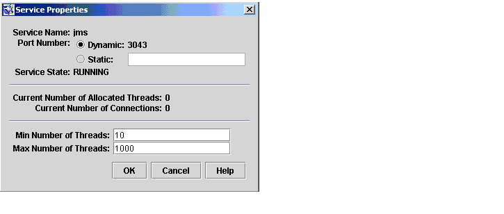 Service Properties dialog. Buttons from left to right: OK, Cancel, Help.