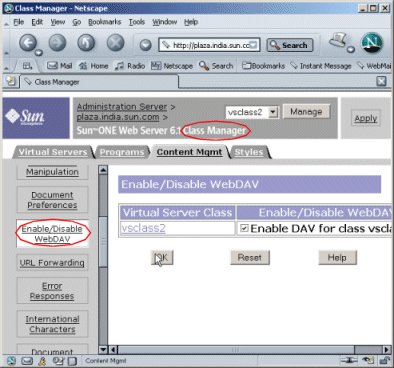 Figure showing the Enable/Disable WebDAV page for the virtual server class.