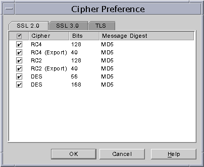 Cipher Preference window.