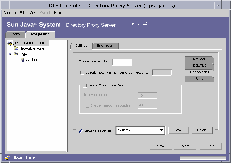 Directory Proxy Server Console Configuration Connections tab.