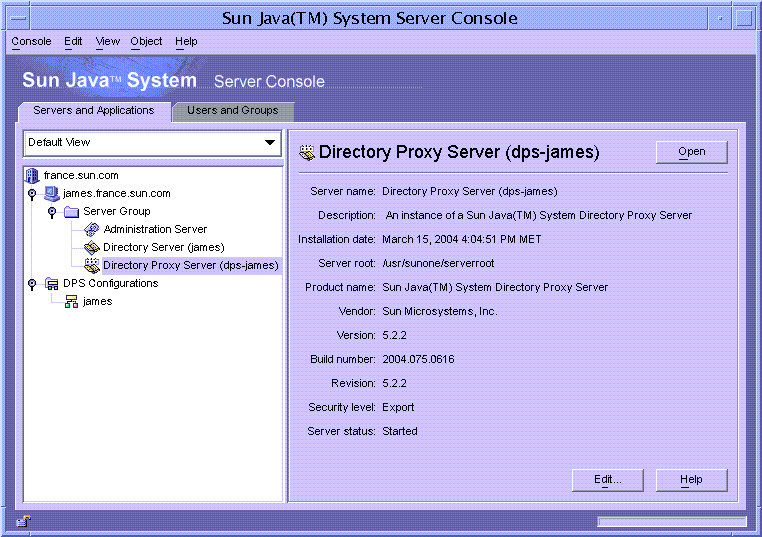 Sun Java System Server Console: Servers and Applications tab.