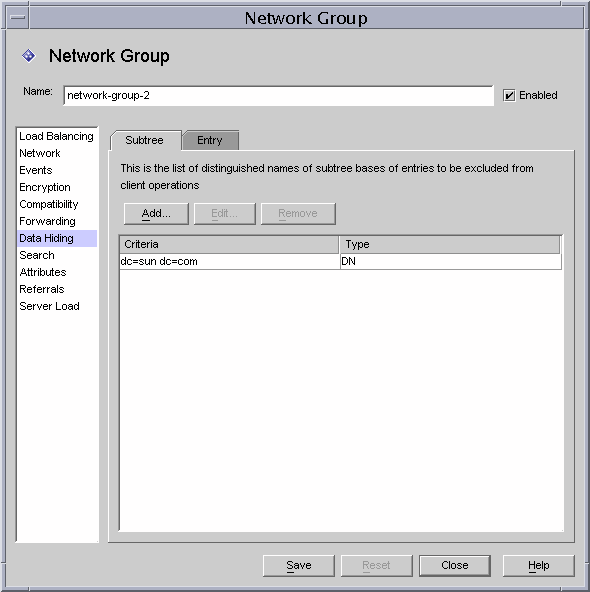 Directory Proxy Server  Configuration Editor Network Groups Data Hiding/Entry window.