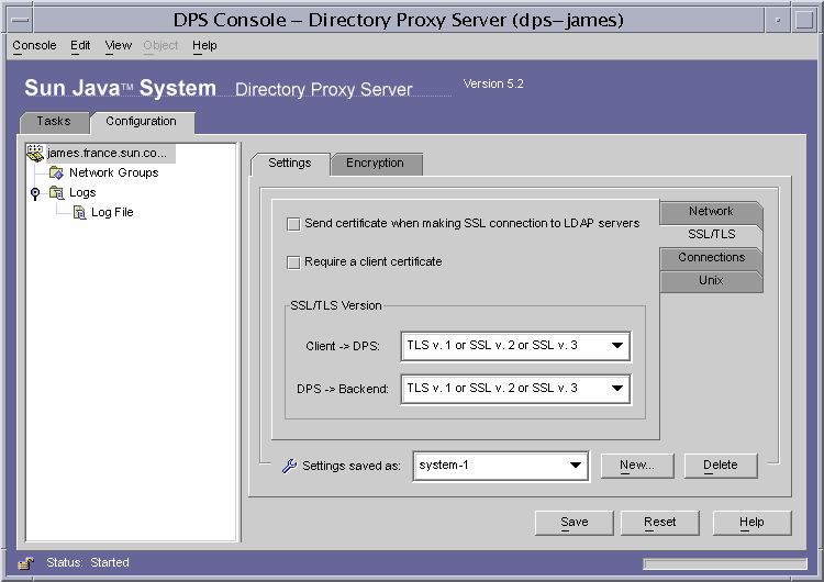 Directory Proxy Server Console Configuration SSL/TLS tab.