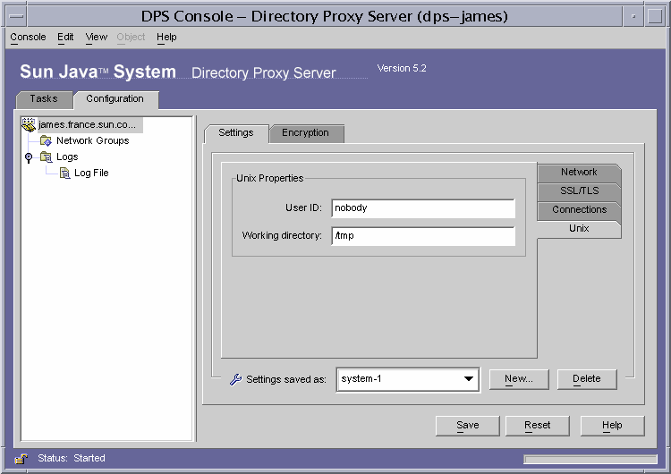 Directory Proxy Server Console Configuration UNIX tab.