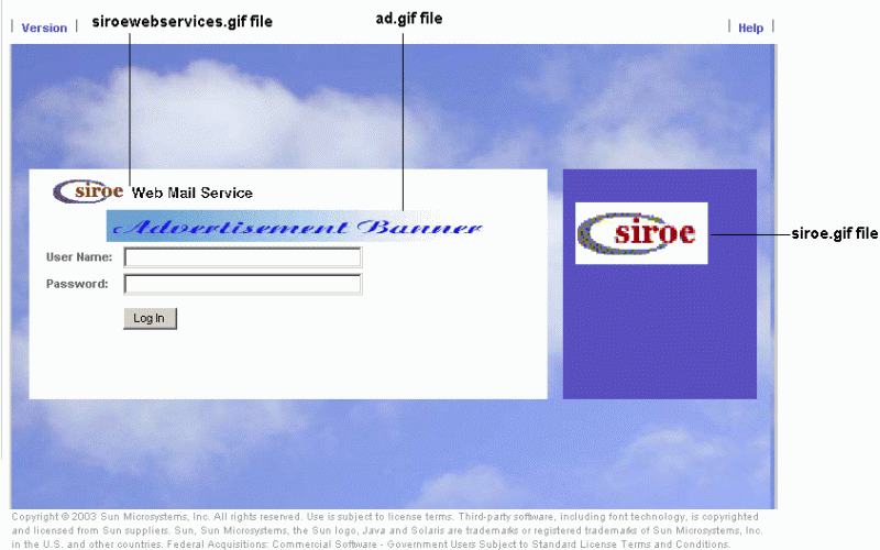 In this figure Sun ONE logo is replaced with a custom graphic and  an advertisement banner with a link is added to the Login Screen.