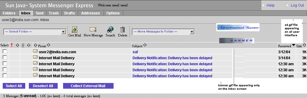 In Figure 2-10 a banner and link has been inserted in the Messenger Express Inbox screen