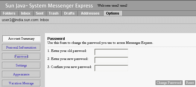 The Messenger Express Options screen enables access to the subscriber’s account  summary, personal information, password, settings, appearance, vacation message, and mail filters, all of which can be customized.