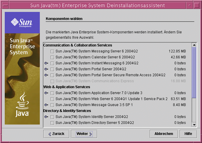 Abbildung des Bildschirms „Komponenten whlen“ des Deinstallationsprogramms.
