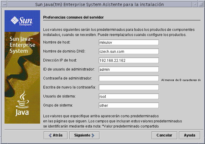 Captura de pantalla de ejemplo de la p�gina “Preferencias comunes del servidor” del programa de instalaci�n.