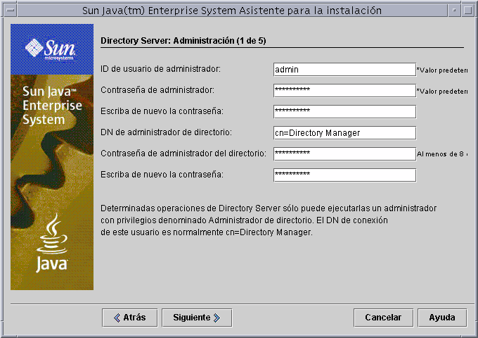 Captura de pantalla de ejemplo de la p�gina “Directory Server: Administraci�n (1 de 5)” del programa de instalaci�n.