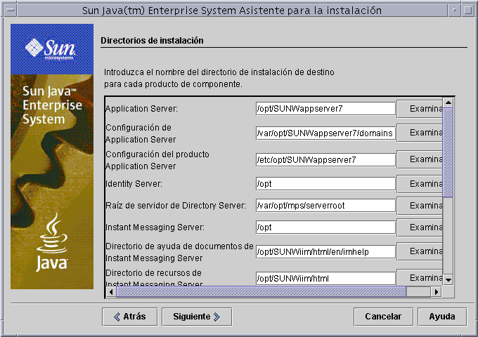 Captura de pantalla de ejemplo de la p�gina “Directorios de instalaci�n” del programa de instalaci�n.