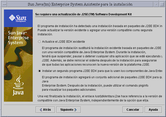 Captura de pantalla de ejemplo de la p�gina “Actualizaci�n necesaria de J2SE Software Development Kit” del programa de instalaci�n.