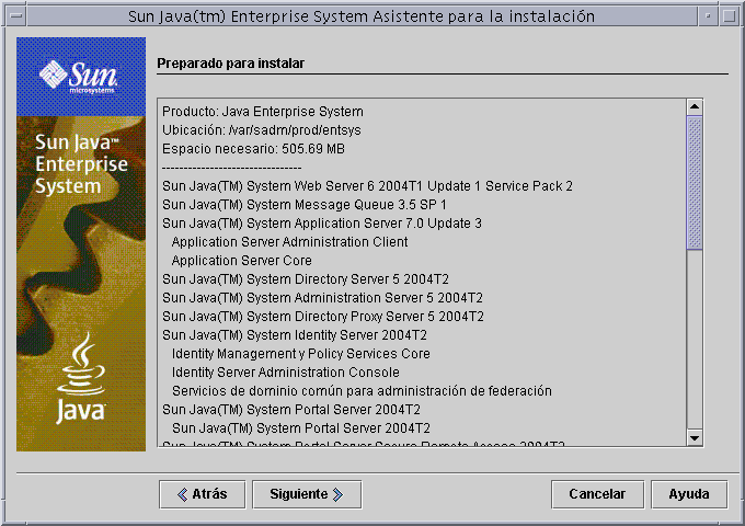 Captura de pantalla de ejemplo de la p�gina “Preparado para instalar” del programa de instalaci�n.