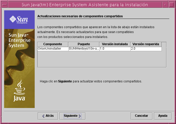 Captura de pantalla de ejemplo de la p�gina “Actualizaciones requeridas de componentes compartidos” del programa de instalaci�n. Compara las versiones instaladas con las requeridas.