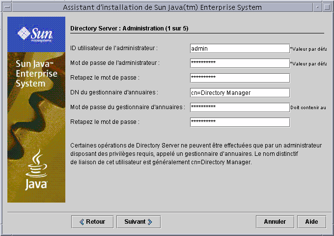 Capture d’�cran de la page Directory Server : Administration (1 sur 5) du programme d’installation.