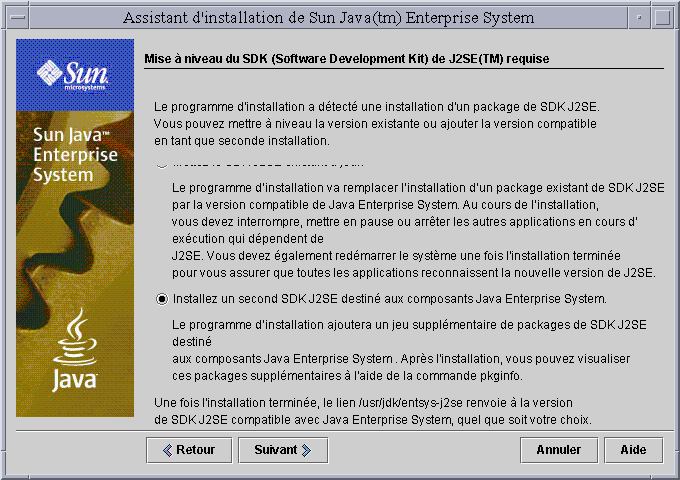 Capture d’�cran de la page Mise � niveau du SDK (Software Development Kit) de J2SE(TM) requise du programme d’installation.