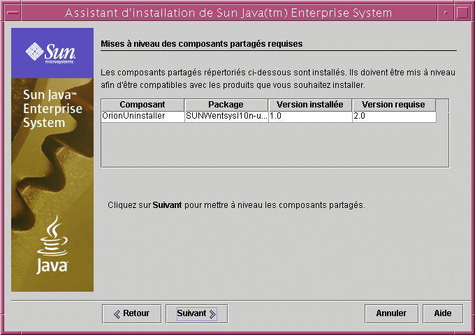 Capture d’�cran de la page Mises � niveau des composants partag�s requises du programme d’installation. Compare les versions install�es et les versions requises.