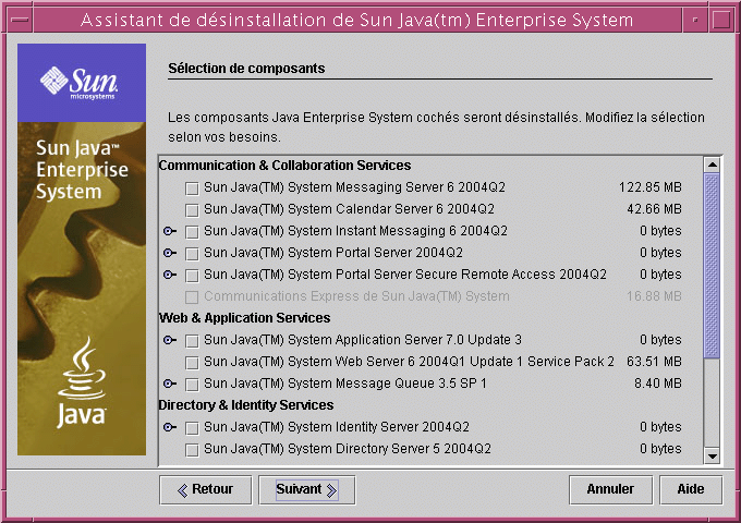 Page S�lection de composants du programme de d�sinstallation.