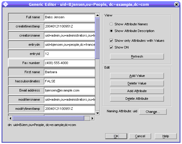 uid=bjensen,ou=People,dc=example,dc=com�� ���� �Ϲ� ����� â�� �� ����� �׸� ���� �Ӽ� �ʵ� �� �ʵ� ��d ��Ʈ��