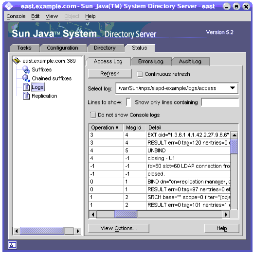 Directory Server �ܼ��� �ֻ�' ���� �ǿ��� �α� ����� �α� ����� ��Ʈ��; ǥ���ϴ� ȭ�� ĸó