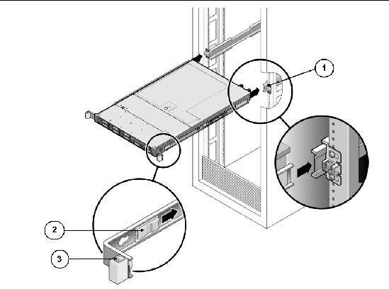 Graphic of inserting the server with mounting brackets into the slide-rails.