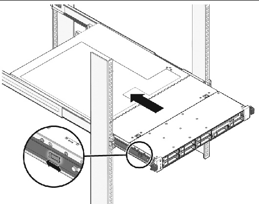Graphic showing the server being push back into the rack.