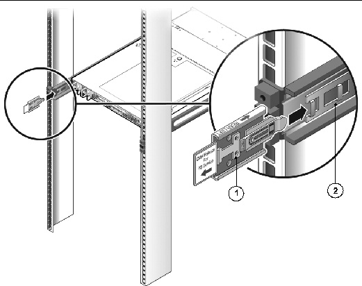 Graphic showing the CMA rail extension being inserted into the rear of the left slide-rail.