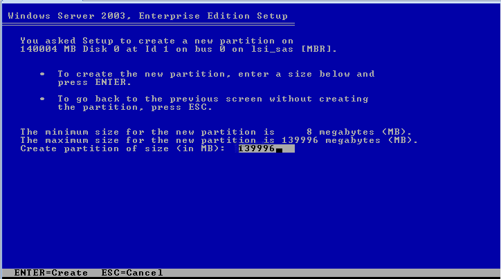 Graphic showing the partition size specification screen.