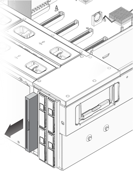 image:An illustration showing the removal of the DVD module from the front of the server.