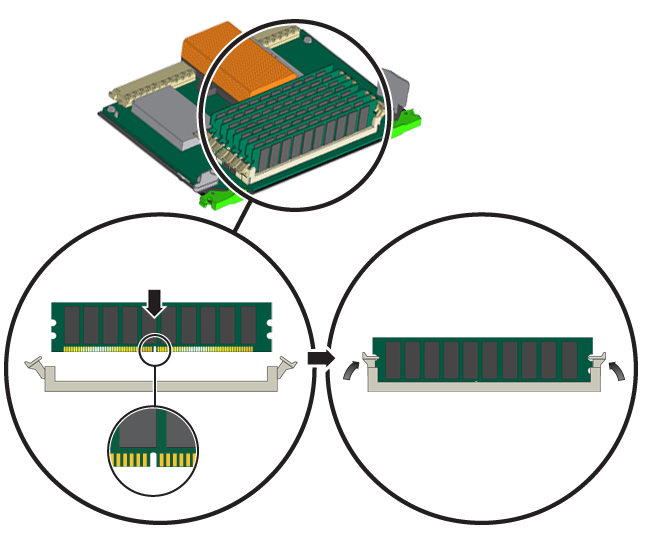 image:An illustration showing how to install a DIMM.